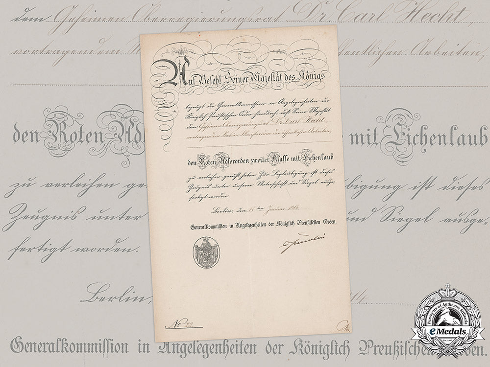 prussia,_state._a_red_eagle_order_ii_class_with_oak_leaves_award_document_to_privy_councillor_dr._hecht,_c.1914_m19_13280