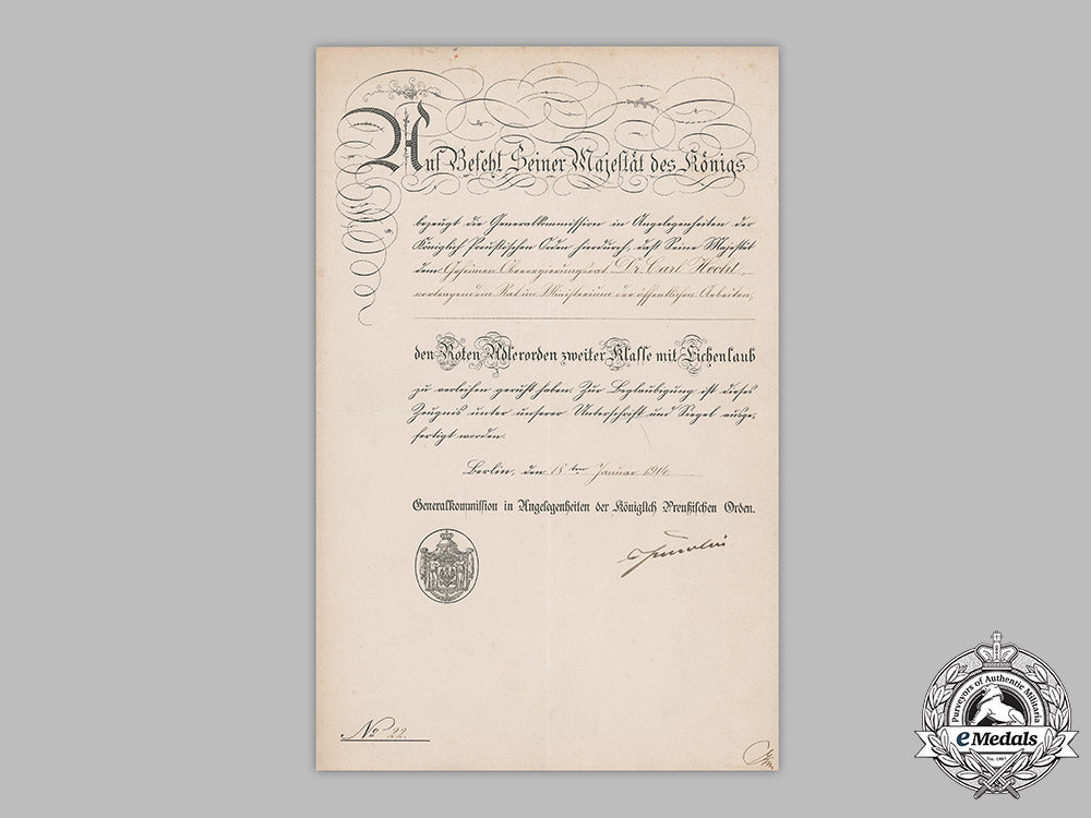 prussia,_state._a_red_eagle_order_ii_class_with_oak_leaves_award_document_to_privy_councillor_dr._hecht,_c.1914_m19_13281