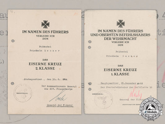 germany,_luftwaffe._two_iron_cross_award_documents_to_feldwebel_friedhelm_decker,1944_m19_1397