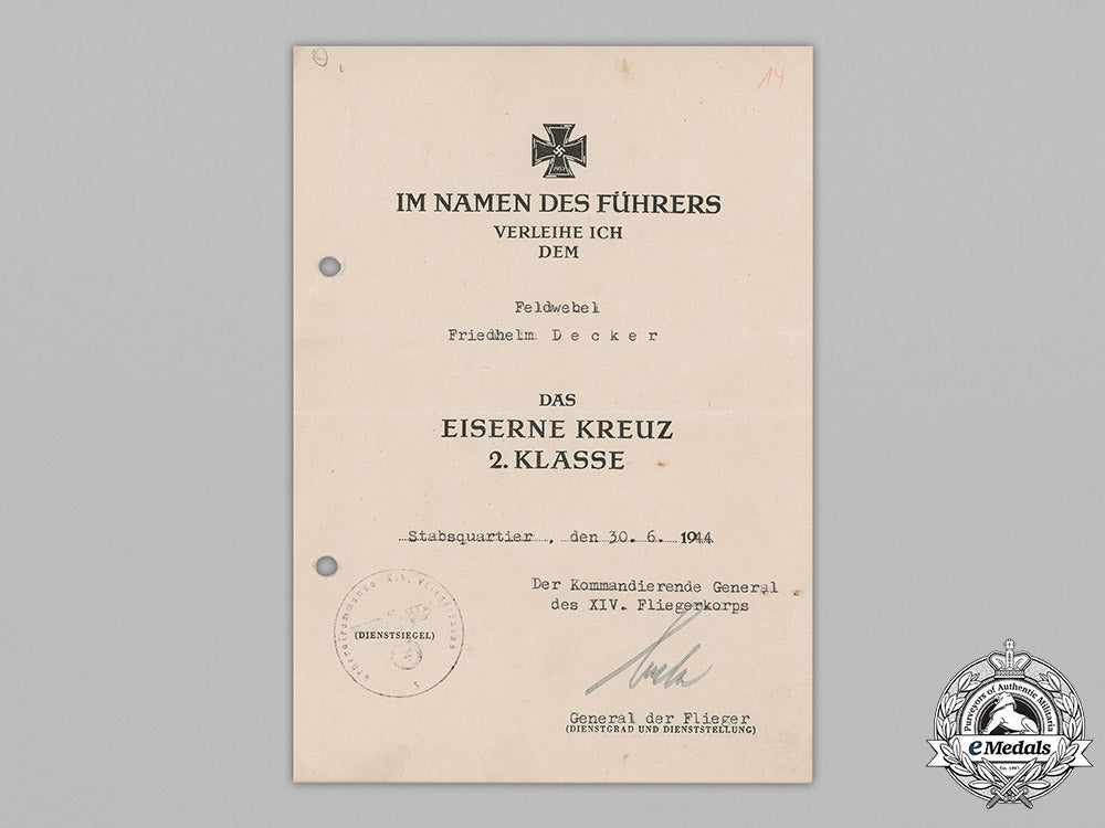 germany,_luftwaffe._two_iron_cross_award_documents_to_feldwebel_friedhelm_decker,1944_m19_1398
