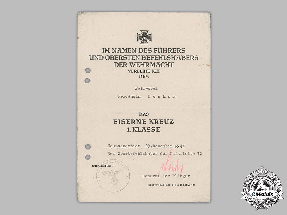 germany,_luftwaffe._two_iron_cross_award_documents_to_feldwebel_friedhelm_decker,1944_m19_1400