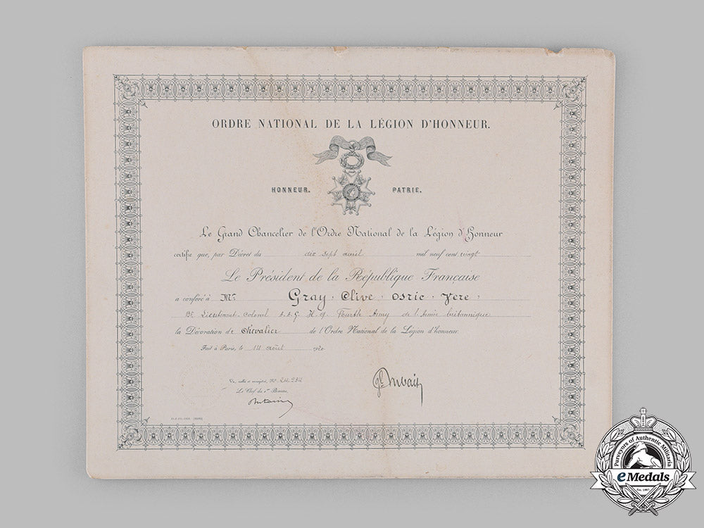 france,_iii_republic._a_national_order_of_the_legion_of_honour_document_to_assistant_adjutant-_general_lieutenant-_colonel_clive_osric_vere_gray,_c.m.g.,_d.s.o.,_seaforth_highlanders1920_m19_14323