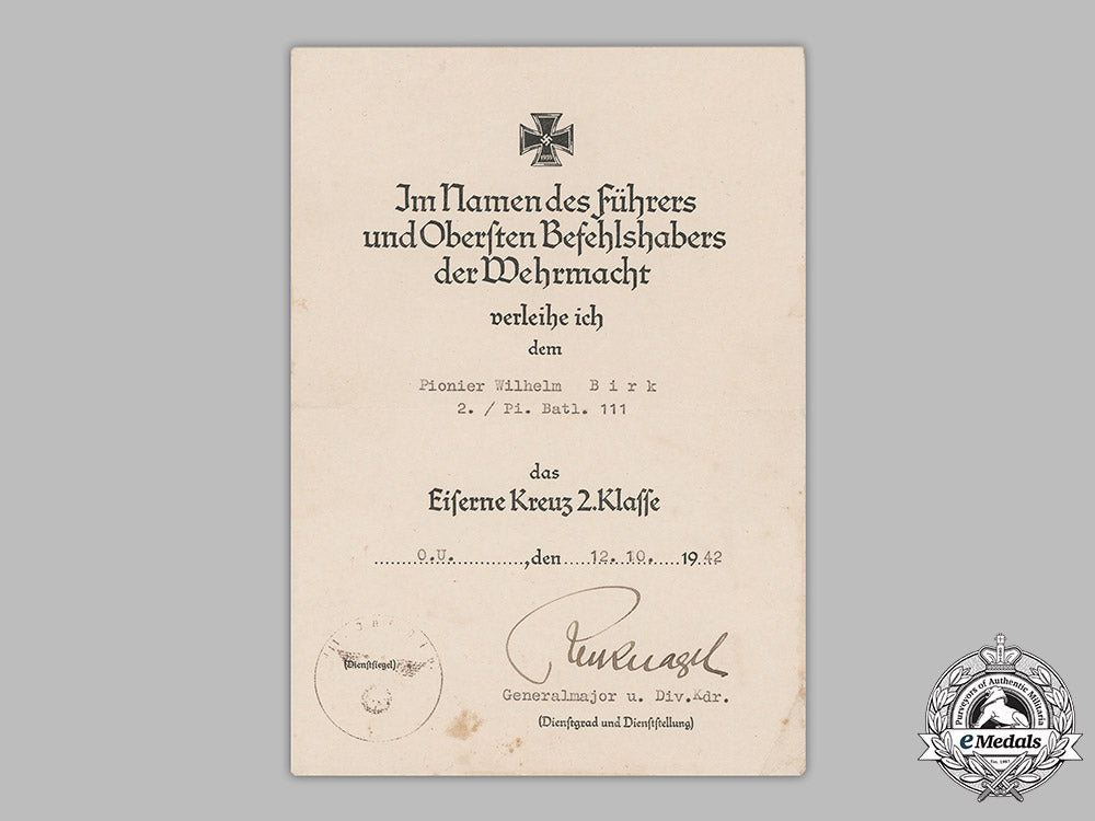 germany,_heer._award_documents_to_obergefreiter_wilhelm_birk(_ccc,_ek2)_m19_1793_1