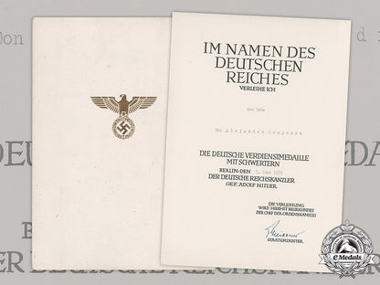 germany,_third_reich._an_eagle_merit_medal_with_swords_document_to_spanish_corporal_don_alejandro_sampedro,_c.1939_m19_1801
