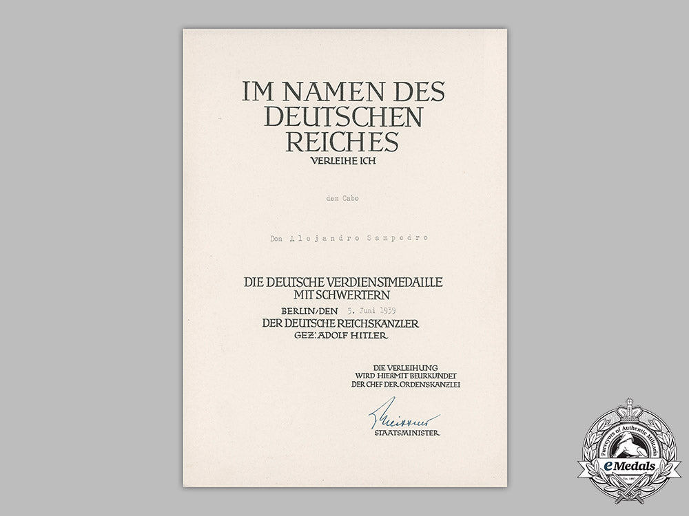 germany,_third_reich._an_eagle_merit_medal_with_swords_document_to_spanish_corporal_don_alejandro_sampedro,_c.1939_m19_1802