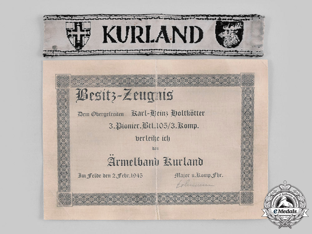 germany,_heer._a_kurland_cuff_title,_with_award_document,_to_karl-_heinz_holtkötter_m19_24186