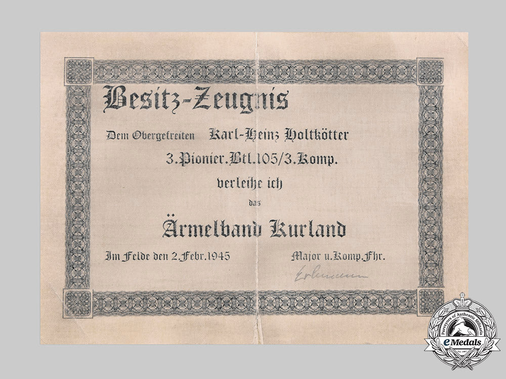 germany,_heer._a_kurland_cuff_title,_with_award_document,_to_karl-_heinz_holtkötter_m19_24189