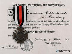 Germany, Third Reich. An Honour Cross Of The World War 1914/1918, With Award Document To Hermann Goldschmidt, C. 1936