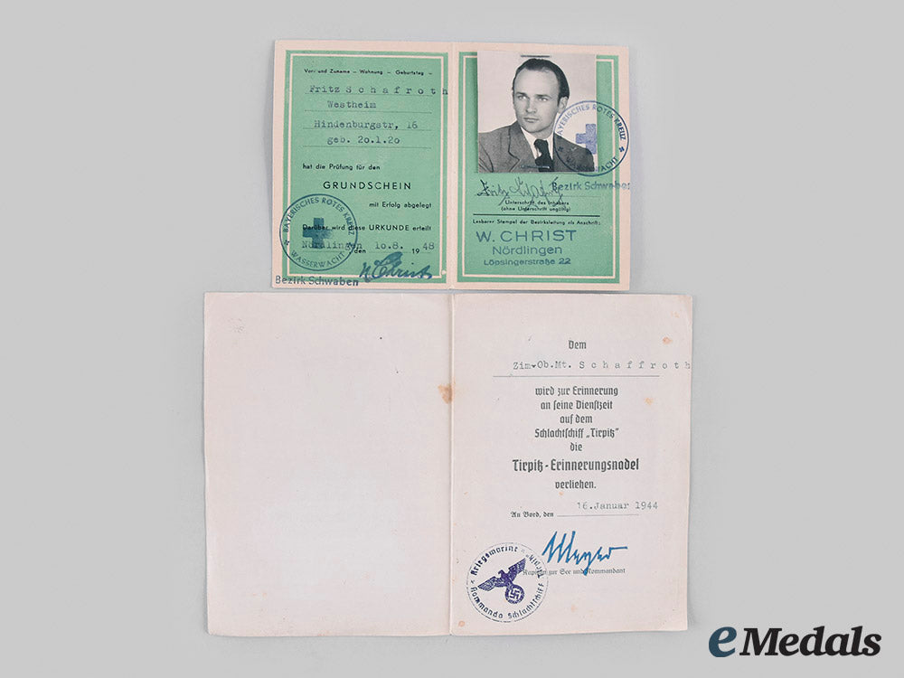 germany,_kriegsmarine._documents_and_insignia_to_friedrich_schafroth,_tirpitz_diver_m19_27513