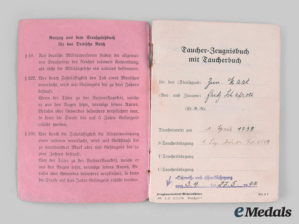 germany,_kriegsmarine._documents_and_insignia_to_friedrich_schafroth,_tirpitz_diver_m19_27515