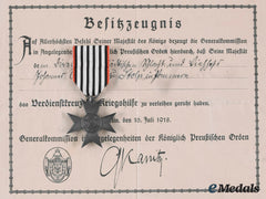 Prussia, Imperial. A Merit Cross For War Aid With Document To Johannes Werner