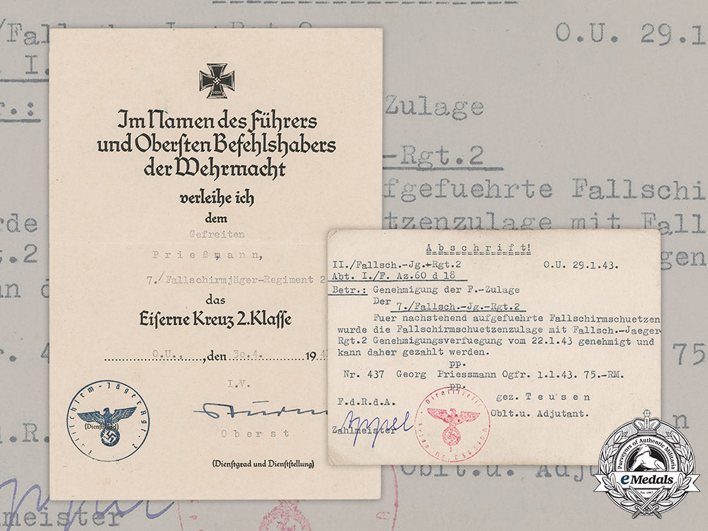 germany,_luftwaffe._an_iron_cross_ii_class_document&_bonus_salary_certificate,_fallschirmjäger_m19_2799_1_1