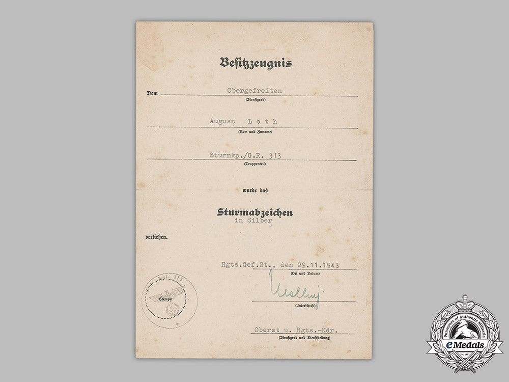 germany,_heer._an_infantry_assault_badge_in_silver_award_document_to_obergefreiter_august_loth,1943_m19_3050
