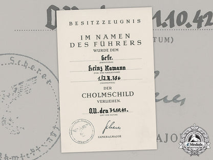 germany,_heer._a_cholm_shield_award_document_to_infantry_gefreiter_heinz_kamann,1942_m19_3173