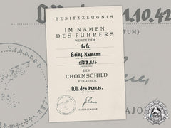 Germany, Heer. A Cholm Shield Award Document To Infantry Gefreiter Heinz Kamann, 1942
