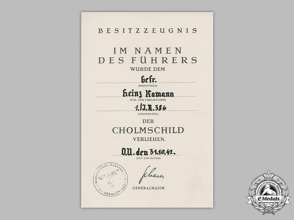 germany,_heer._a_cholm_shield_award_document_to_infantry_gefreiter_heinz_kamann,1942_m19_3174