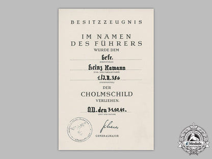 germany,_heer._a_cholm_shield_award_document_to_infantry_gefreiter_heinz_kamann,1942_m19_3174
