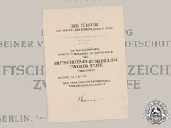 Germany, Third Reich. An Air Raid Defence Medal Award Document To Paul Wiß, C.1944