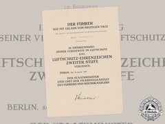 Germany, Third Reich. An Air Raid Defence Medal Award Document To August Wagener, C.1943