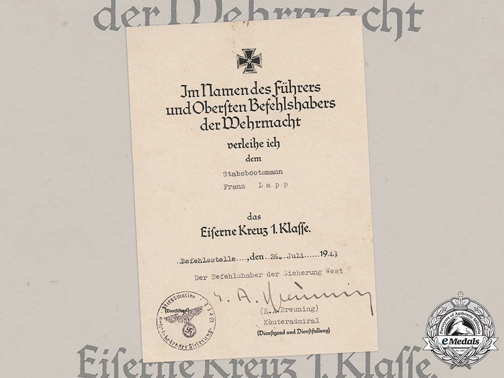 germany,_kriegsmarine._an_award_document_for_an_iron_cross,_i_class,_to_stabsbootsmann_franz_lapp,_c.1943_m19_4734