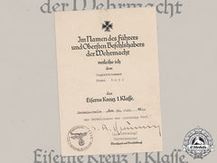 Germany, Kriegsmarine. An Award Document For An Iron Cross, I Class, To Stabsbootsmann Franz Lapp, C.1943