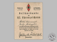 Germany, Third Reich. An Award Document For A Golden Hj Honour Badge, To Rudolf Däumenischt
