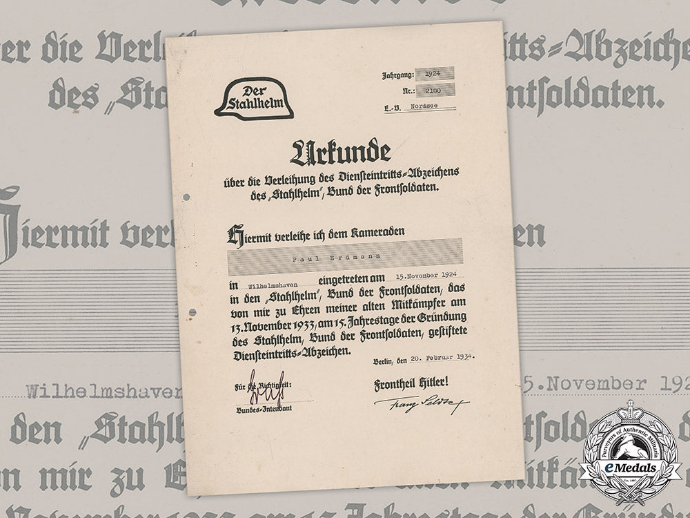 germany,_third_reich._a_stahlhelm_commencement_of_duty_badge_document_to_paul_erdmann,_c.1934_m19_4757