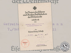 Germany, Heer. An Iron Cross, Ii Class, Award Document To Gefreiter Alwin Erdmann, 1941
