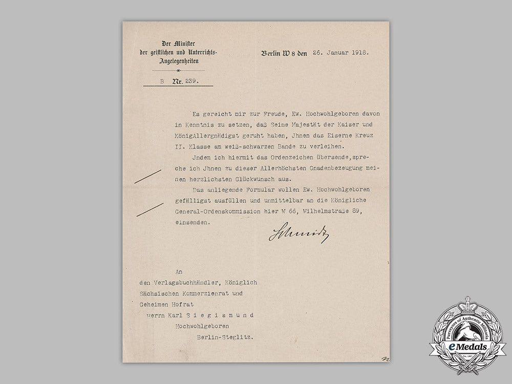 germany,_imperial._a_letter_notification_awarding_an_iron_cross,_ii_class,_non-_combatant,_to_karl_siegismund,1918_m19_8903