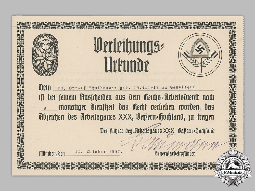 germany,_rad._an_award_certificate_for_ortolf_schmidbauer,1937_m19_8912