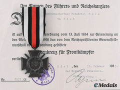Germany, Third Reich. An Honour Cross Of The World War 1914/1918, With Award Document To Friedrich Horn, C. 1935
