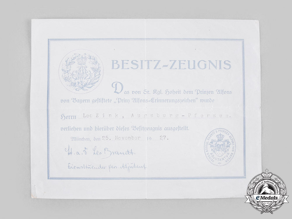 germany,_weimar_republic._a_bavarian_prince_alfons_badge_certificate_to_leo_zink,1927_m20_074_emd5533