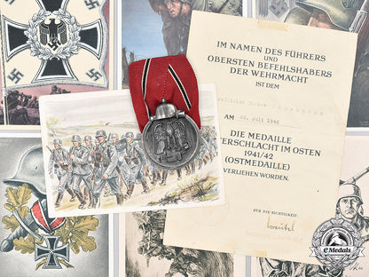 germany,_wehrmacht._an_eastern_front_medal_and_award_document,_with_commemorative_postcards_m20_1299