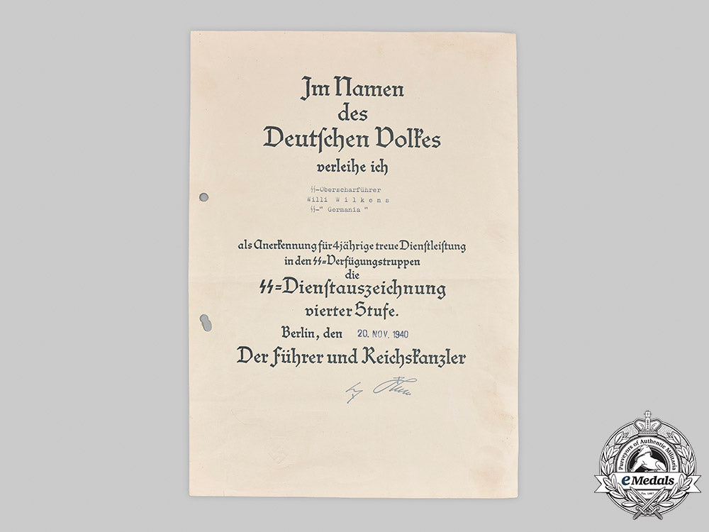germany,_ss._a4_year_long_service_award_document_to_ss-_oberscharführer_wilkens1940_m20_1498_mnc9992_1