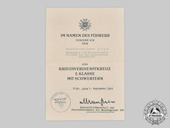 Germany, Heer. A War Merit Cross Ii Class With Swords Document, Signed By Commander Of Army Patrol Force Southern Russia