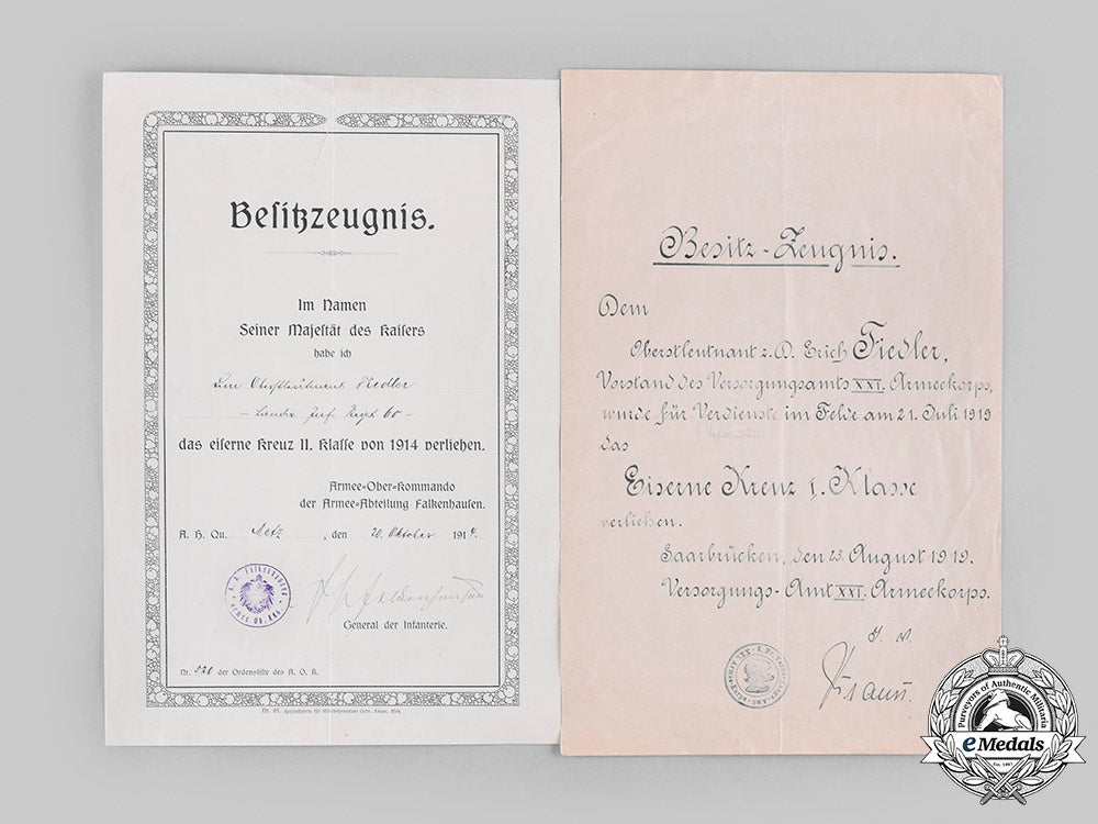 germany,_imperial._a1914_iron_cross_i_class_and_two_iron_cross_documents_to_oberstleutnant_erich_fiedler_m20_225_emd7082