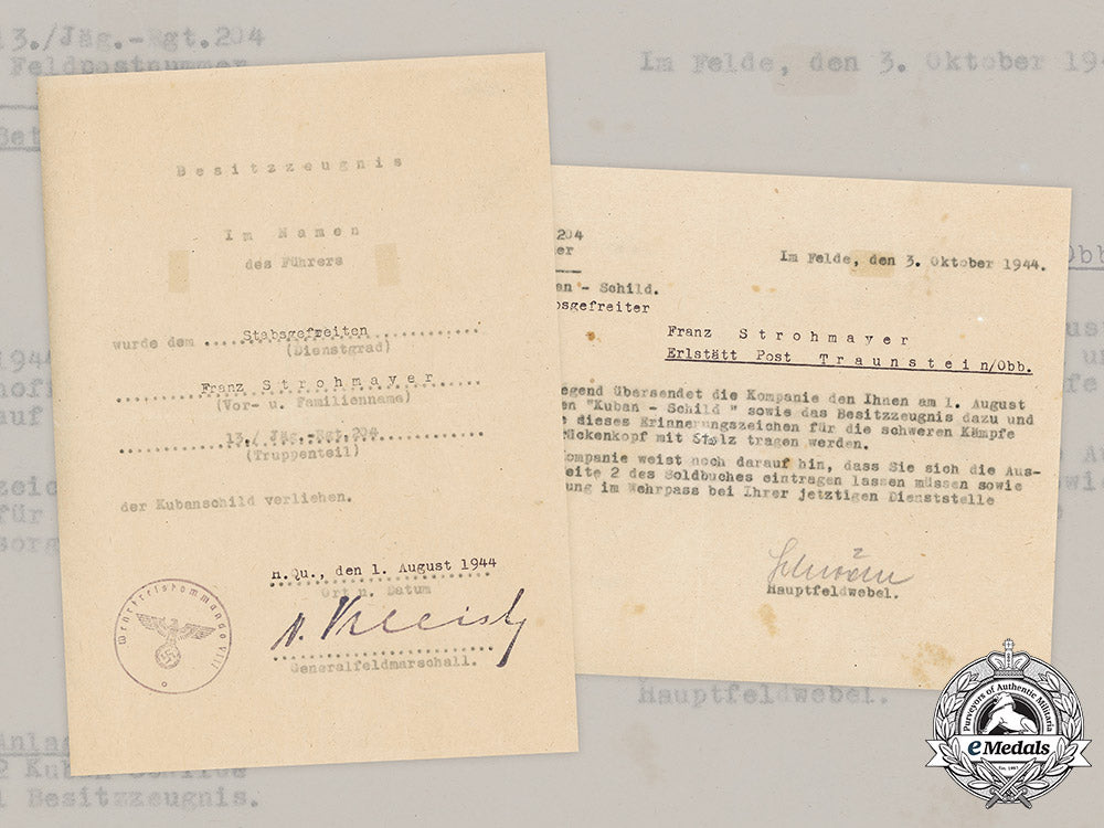 germany,_heer._a_pair_of_award_documents_for_a_kuban_shield_to_stabsgefreiter_franz_strohmeyer,_jäger-_regiment204_m20_2289dsc_3086_2__1