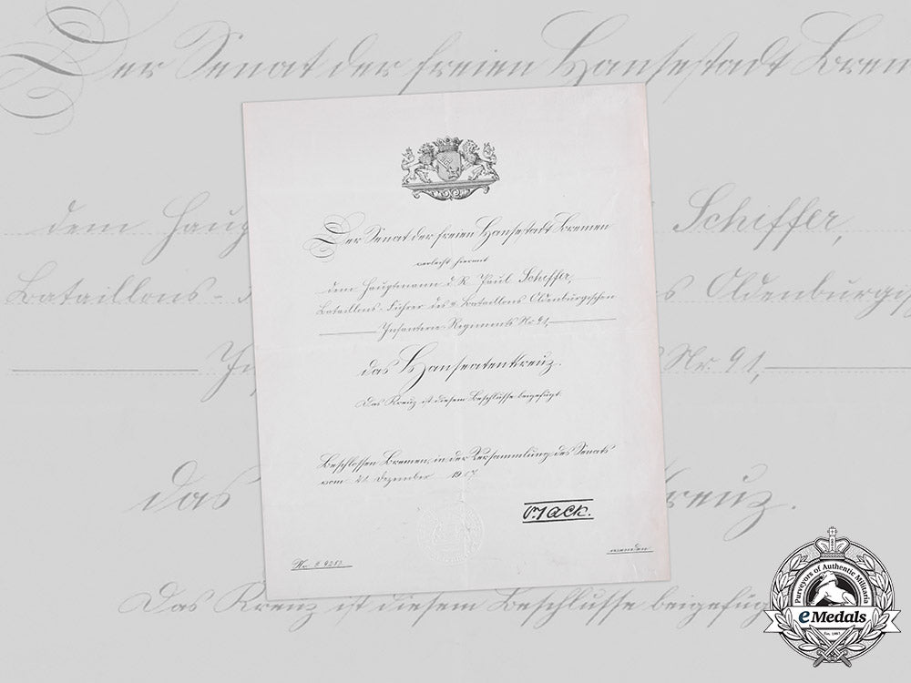 germany,_imperial._a_bremen_hanseatic_cross_certificate_to_hauptmann_and_battalion_leader_schiffer,1917_m20_306m20_300m19_17413
