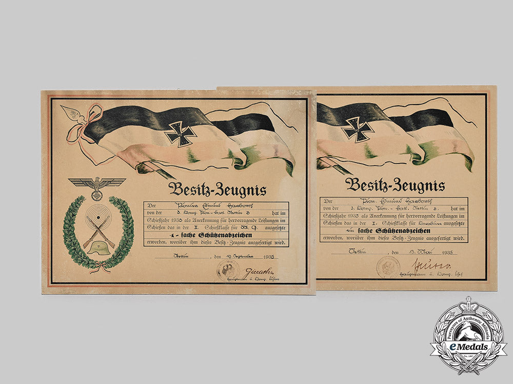 germany,_heer._two_marksmanship_certificates_on_wooden_support_to_pionier_harborth,1935_m20_526m19_17418_1_1