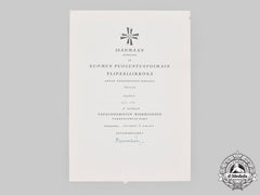 Finland, Republic. An Award Document For A Finnish Cross Of Liberty, Iii Class With Swords, With Mannerheim Signature