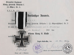 Germany, Imperial. A 1914 Iron Cross Ii Class With Award Document To Major Lieber