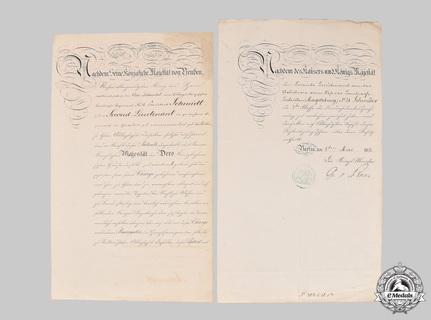 prussia,_kingdom._two_documents_to_second_lieutenant_schmidt,_franco-_prussian_war,1867_m21_0076_mnc7244_1