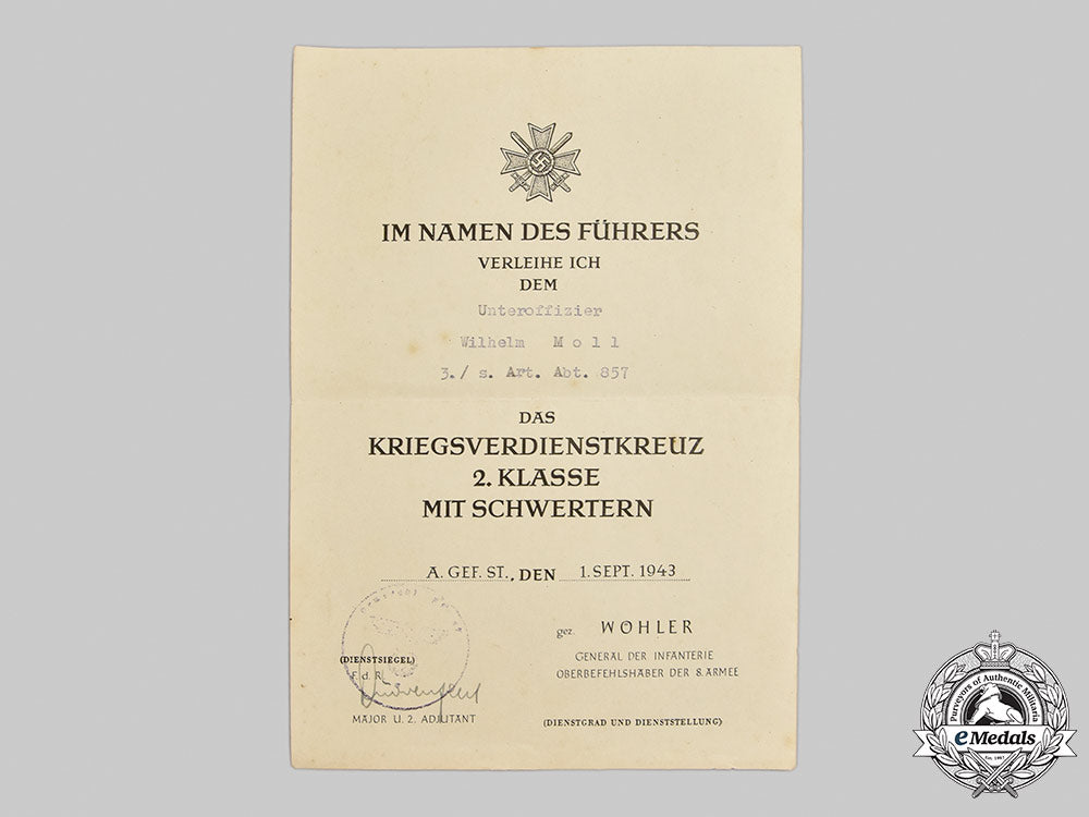germany,_heer._a_pair_of_award_documents_to_unteroffizier_wilhelm_moll,_schwere_artillerie-_abteilung857_m21_507_1_1