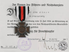 Germany, Third Reich. An Honour Cross Of The World War 1914/1918, With Award Document To Locksmith Otto Simon, C. 1935