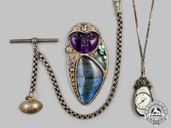 Jewellery. A Pendant Watch, Pocket Watch Chain And Brooch
