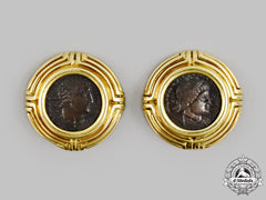 Jewellery. A Pair Of Yellow Gold Clip On Earrings With Bronze Roman Coins