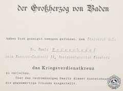 Germany, Imperial. A Baden War Merit Cross Certificate To A Staff Surgeon, 1916