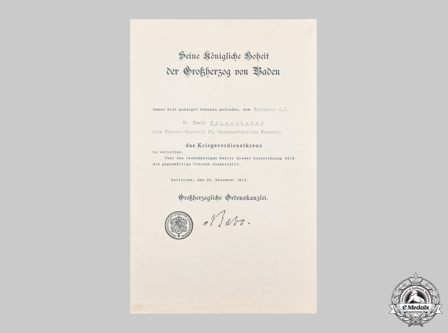 germany,_imperial._a_baden_war_merit_cross_certificate_to_a_staff_surgeon,1916__mnc1984_m20_0822_1