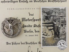 Germany. A Rare Motor Sport Badge With Award Document, Published Example