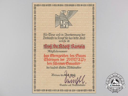 an_award_document_for_gau_honor_badge_thüringen_to_prof._dr._adolf_bartels_q_854_1